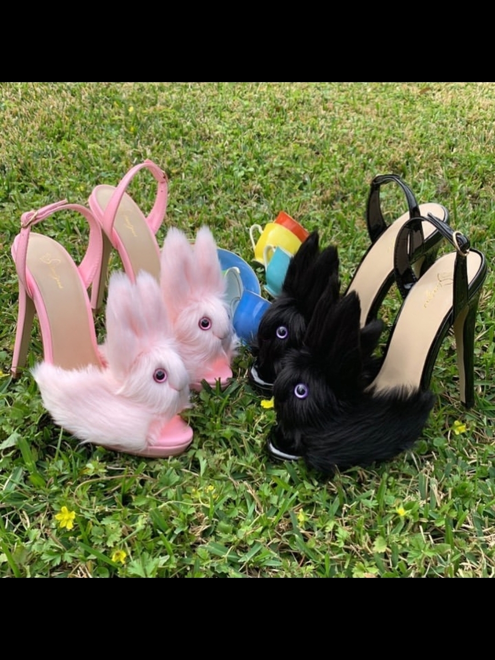 Black Bunny Fur Slingback Heels - Women - Picture 2 of 8
